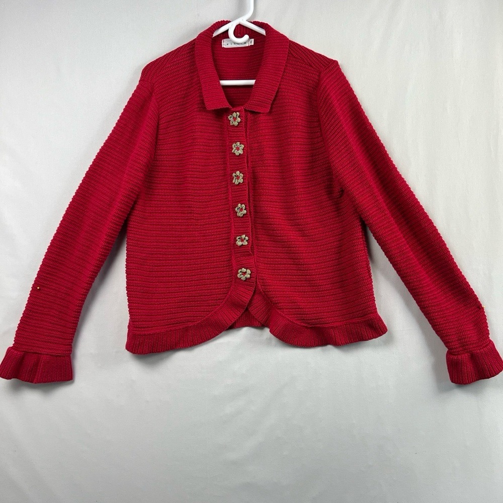 Willow Cardigan Sweater Womens XL Red Ruffled Floral Knitted Cotton USA